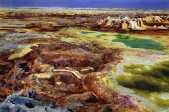 Exotic mineral-signal-filled landscape in Dallol with shades of brown and green, Dallol, Afar
