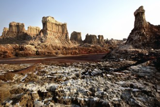 Impressive rocks and salt formations in the Dallol desert form a deep, eroded canyon, Dallol, Afar,