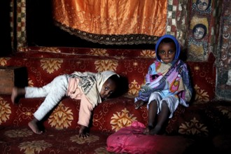 Children in traditional clothes at Debre Berhan Selassie church, zero