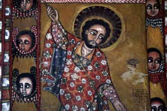 Wall painting in Debre Berhan Selassie depicting Christ with a halo and colorful robe