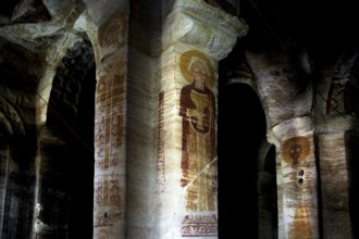 Interior view of Debre Mariam Krokor rock church with impressive frescoes on the pillars, zero