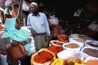 A man and a woman talk at a colorful spice market in Harar, Harar, Harar, Ethiopia