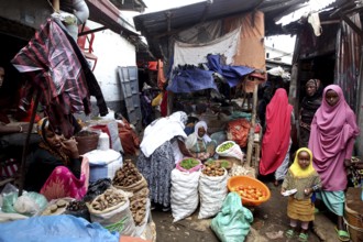 Lively spice market in Harar, woman in traditional clothes offer goods, Harar, Oromia, Ethiopia