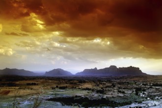 View of silhouetted mountains from Gheralta Lodge at dramatic sunset, Hawzien, zero, Ethiopia