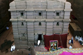 The rock church of Bete Emanuel with intricately carved details and religious symbols, Lalibela,