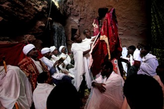 Religious ceremony with monks in Bete Abba Libanos, Lalibela, Ethiopia