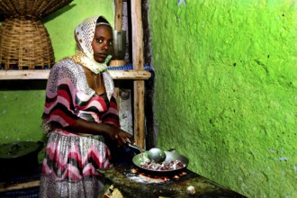 A woman prepares tibs in a traditional kitchen, Lalibela, Ethiopia