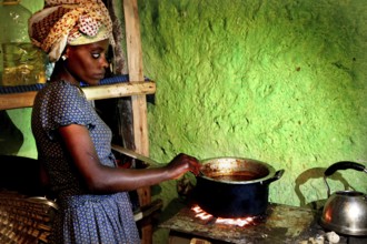 Woman carefully cooks chicken in rural kitchen, Lalibela, Ethiopia