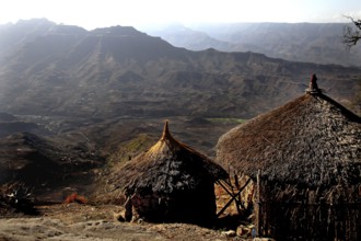 Traditional round huts with thatched roofs in the Lasta Mountains, Lalibela, Amhara, Ethiopia