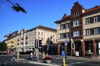 Bustling street scene with historic buildings in Klaipeda New Town, Klaipeda, Klaipeda County,