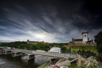 Border crossing with Friendship Bridge and view of Hermann Fortress and Ivangorod in Narva, Narva,