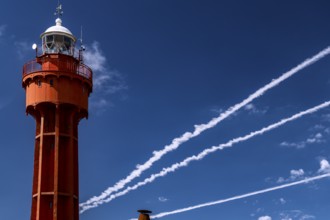 Red lighthouse of Ristna against a clear blue sky, Hiiumaa, Ristna, Estonia