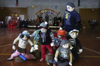 Group of rag dolls in a meeting hall in Nagoroshimo, Nagoroshimo, Japan