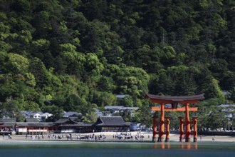 Torii of Itsukushima Shrine surrounded by trees as seen from ferry, Miyajima, Japan