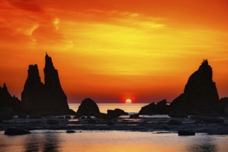Impressive rock formations at sunrise along the coast of Kushimoto, Kushimoto, Japan