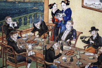 Social gatherings at a table in a Dutch trading base on Dejima wearing typical clothes of the time,