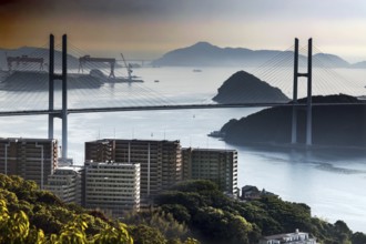 Nagasaki bridge across the sea with a view of surrounding islands from Nakanmuriyama, Nagasaki,