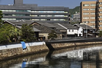 Historic and modern waterfront architecture in Dejima, the former Dutch trading base, Nagasaki,