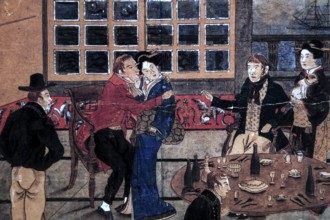 Depiction of a social scene in a Dutch trading base on Dejima with clothing typical of the time,