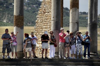 Tourists explore the ancient ruins of the Capitol in Volubilis in front of massive stone pillars,
