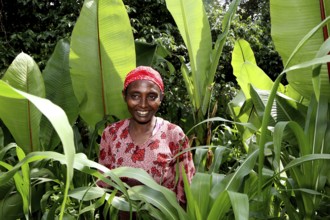 Woman standing amidst thick vegetation surrounded by Ensete plants, traditional red headdress,
