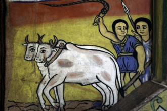 Wall painting depicting oxen and people in traditional clothing, Lake Tana, Ura Kidhane Mihret,