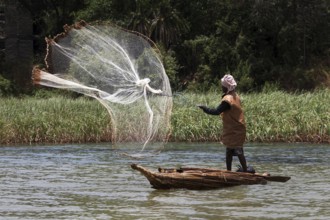 Fisherman on a papyrus boat throws out a large net in Lake Tana, zero