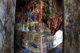 Detailed wall paintings inside by Ura Kidhane Mihret on Lake Tana, zero