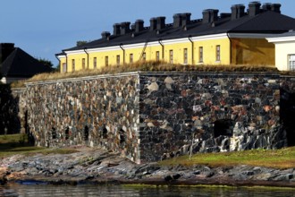 Historic bastion of Suomenlinna sea fortress with stone wall, Helsinki, Uusimaa, Finland