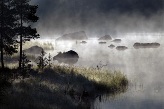 Misty lake landscape in Lapland surrounded by stones and trees, Lapland, Finland