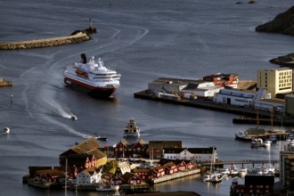 Harbour view of Svolvær with a Hurtigruten ship, surrounded by the picturesque coastal town,
