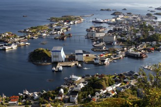 Extensive panoramic view of Svolværs harbour with small islands and coastal landscape, Svolvær,