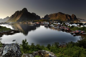 Scenic view of Hamnøay and Reine with mountainous backdrop, Reine, Moskenesøy, Norway