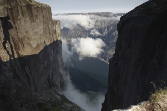 View of the majestic Lysefjord from a rocky cliff, Lysefjord, Rogaland, Norway