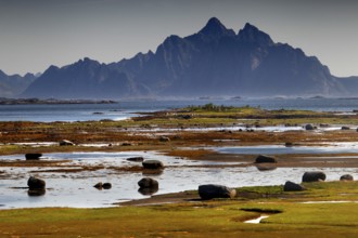 Wide coastal landscape with mountain views near Vestvågøy