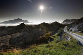 Dreamy night landscape view with full moon over Lofoten, Lofoten, Nordland, Norway