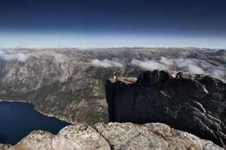 Panoramic view of Lysefjord from an elevated point on the Kjerag Plateau, Lysefjord, Rogaland,