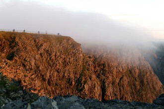 View of the dramatic mist-wrapped cliffs at the North Cape, North Cape, Magerøya, Norway