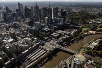 View from Eureka Tower Skydeck over the river and skyscrapers of the city of Melbourne, Melbourne,