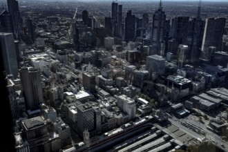 Panoramic view of Melbourne from Eureka Tower Skydeck with dense buildings, Melbourne, Victoria,