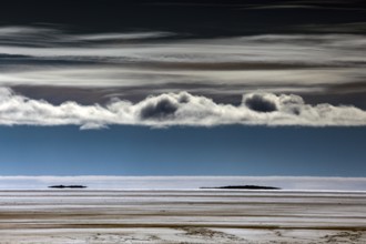 Expansive view of Lake Eyre under dramatic skies, Lake Eyre, South Australia, Australia