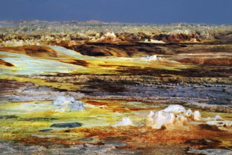 Extensive geothermal landscape in Dallol with green and yellow minerals, Dallol, Afar region,