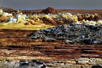 Geothermal landscape in Dallol with yellow and brown minerals and lava rock, Dallol, Afar region,