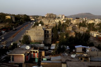 View over the roofs of Axum surrounded by hills, Axum, Tigray, Ethiopia