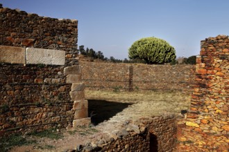 Stone palace of the Queen of Sheba in Axum shows ancient architecture in front of a peaceful