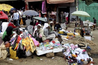 Bustling street market with stalls and people in Addis Ababa, Addis Ababa, Mercato, Ethiopia