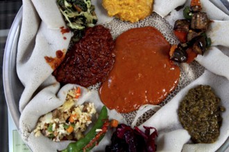 Diverse vegetarian dishes on Injera in Addis Ababa, Addis Ababa, Addis Ababa, Ethiopia