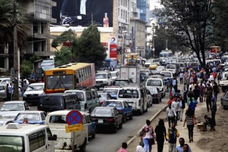 Busy roads with heavy traffic and crowds, Addis Ababa, Ethiopia