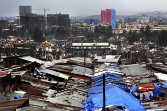 Urban landscape with closed roofs and buildings in the background, Addis Ababa, Mercato, Ethiopia