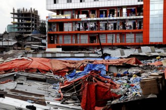 Urban backdrop with modern buildings and construction in the foreground, Addis Ababa, Mercato,